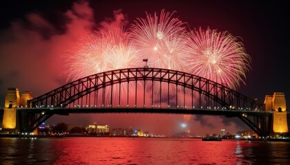 Obraz premium Spectacular New Year's Eve Fireworks Display over the Sydney Harbour Bridge, Australia: A Vivid Celebration of Light and Festivity