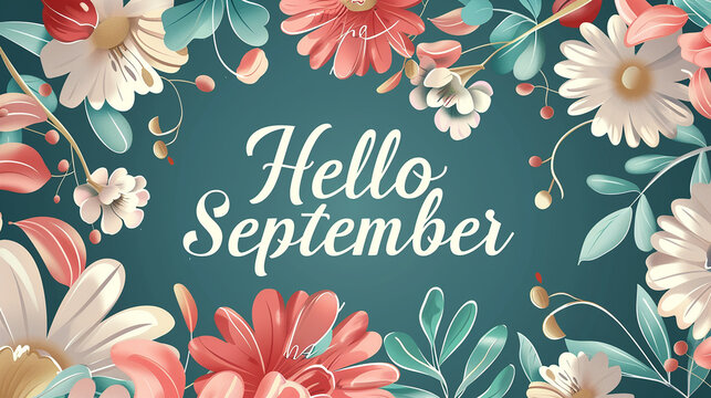 A tranquil "Hello September" message surrounded by a blend of soft and vibrant flowers on a soothing backdrop, heralding the transition to autumn with a sense of warmth and beauty.