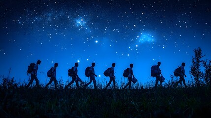 Fototapeta premium Illustration of migrants carrying bags under a starlit sky with a glowing path ahead