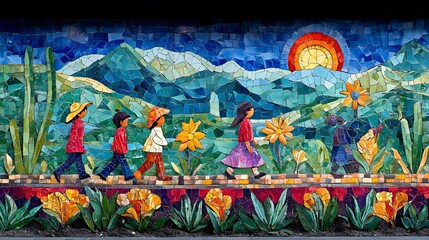 Fototapeta premium Vibrant depiction of migrants walking past mountains, carrying their hopes and dreams