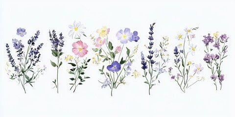 Pastel Floral Arrangements Collection in Watercolor Bouquets and Borders for Wedding Stationery and Wallpapers