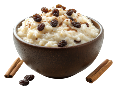 Delicious rice pudding topped with cinnamon and raisins in a bowl isolated on transparent background
