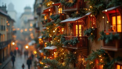 Obraz premium Enchanted Christmas Eve: A Cozy Stroll Through a Fairytale European Village, Illuminated with Warm Golden Lights and Adorned with Festive Garland