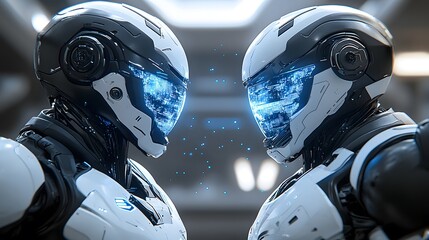 Futuristic humanoid robots facing each other with glowing blue digital displays.