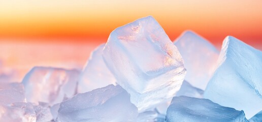 Ice cubes at sunset, cool colors, abstract background.
