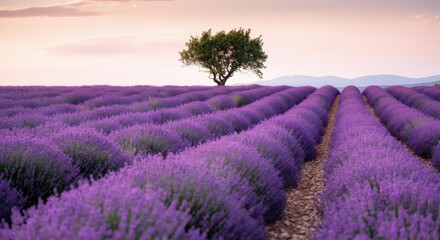 Obraz premium Lavender Fields at Sunset with Lone Tree