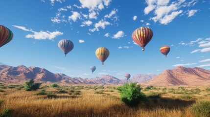 Obraz premium A Scenic Landscape with Colorful Hot Air Balloons Floating Above a Lush Green Field and Dramatic Mountain Ranges Under a Bright Blue Sky