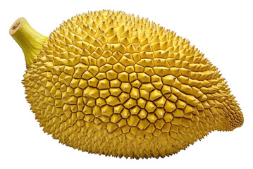 A large jackfruit showcases its spiny exterior and yellow fibrous pulp isolated on transparent background
