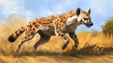A Hyena Running Through a Dry Grassland in a Dynamic Pose, Showcasing Its Powerful Build and Signature Spotty Coat, with a Blur of Motion and a Vibrant Natural Background