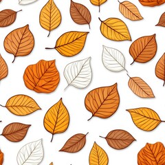 Fototapeta premium A vibrant seamless pattern featuring various autumn leaves in shades of orange, brown, and white.