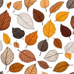 This vibrant seamless pattern showcases a collection of detailed autumn leaves in various shades of brown, orange, and yellow.