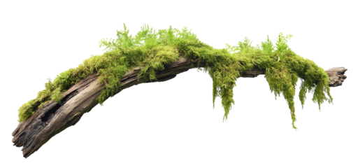 green mossy tree branch log isolated in transparent background. cut out