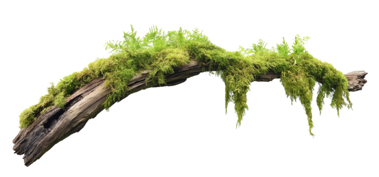 green mossy tree branch log isolated in transparent background. cut out