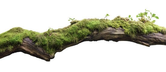 green mossy tree branch log isolated in transparent background. cut out