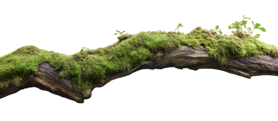 green mossy tree branch log isolated in transparent background. cut out