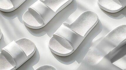 Stylish white slides modern setting product photography minimalist aesthetic top view fashion comfort