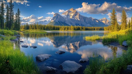 Obraz premium Serene Mountain Lake Reflection at Dawn