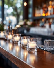 Lit candles on a bar counter at night.