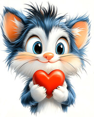 A cute cat holding a red heart