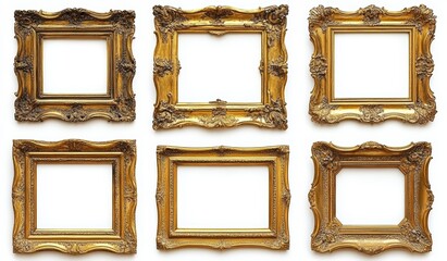 Ornate Gold Picture Frames in Baroque Style on White Background