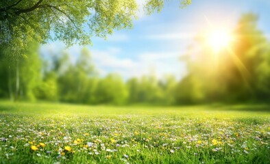 Lush meadow filled with wildflowers under a bright blue sky and warm sunlight