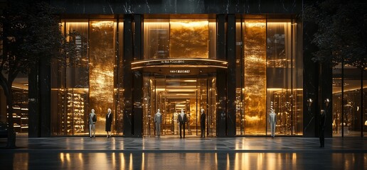 Luxurious golden storefront at night with mannequins.