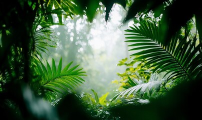 Fototapeta premium Lush green tropical rainforest foliage with misty background.