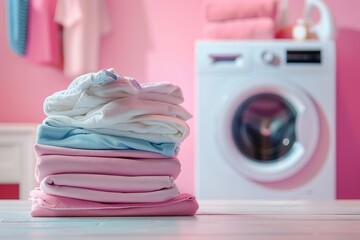 A pile of clothes is stacked on top of each other next to a washing machine