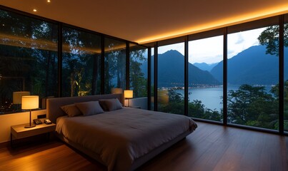 Luxurious bedroom with panoramic lake view at night.