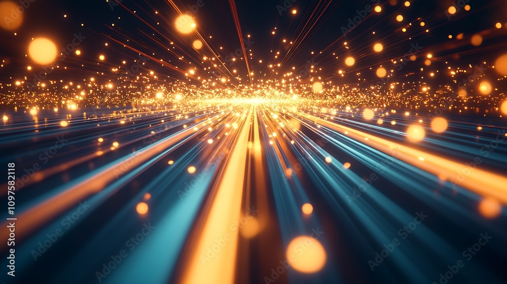 Fototapete Dynamic Abstract Background with Glowing Light Trails and Bokeh Particles in Motion : Generative AI