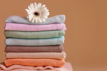 A stack of colorful towels with a white flower on top