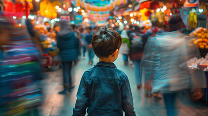 Fototapeta premium Child Exploring a Bustling Marketplace, Immersed in Lights, Colors, and the Energy of a Crowded Market. Lost in The Crowd - Image made using Generative AI