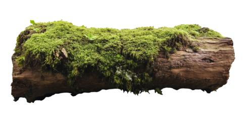 tree trunk log with green moss isolated in transparent background. cut out