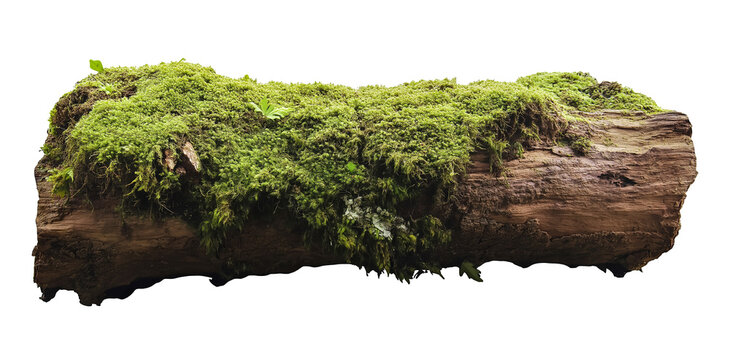 tree trunk log with green moss isolated in transparent background. cut out