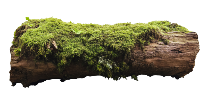 tree trunk log with green moss isolated in transparent background. cut out