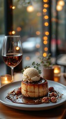 A beautifully plated dessert with a scoop of ice cream, drizzled with sauce, paired with a glass of red wine and softly lit ambiance.