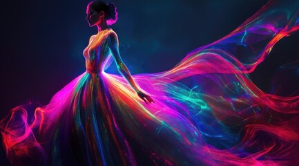 A woman in an elegant dress made of glowing neon lights, with the colors flowing and shimmering on her skin like vibrant waves
