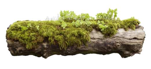 tree trunk log with green moss isolated in transparent background. cut out