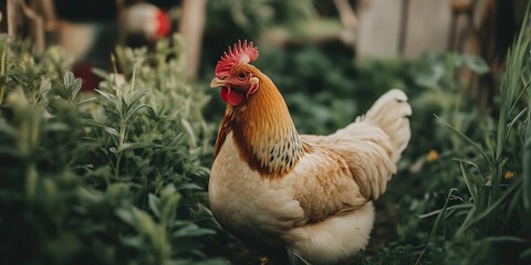 Fototapeta premium Colorful Rooster in Lush Green Garden : Generative AI
