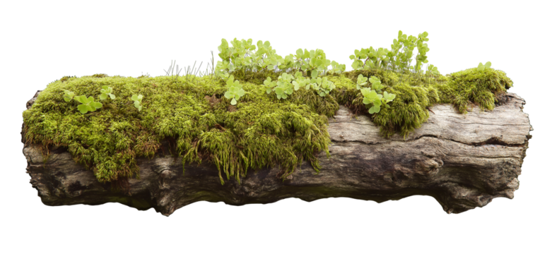 tree trunk log with green moss isolated in transparent background. cut out