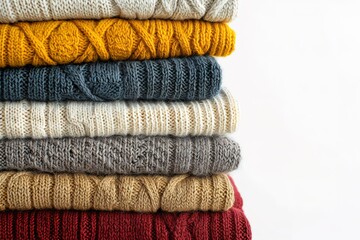 A stack of knitted sweaters in various colors