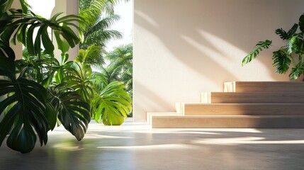 Modern Interior with Lush Green Plants and Sunlight Streaming Through Large Windows, Inviting a Serene and Relaxing Atmosphere in a Tropical Setting