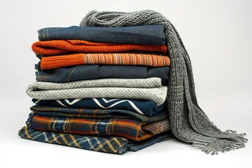 A pile of clothes including a blue plaid shirt and a gray sweater