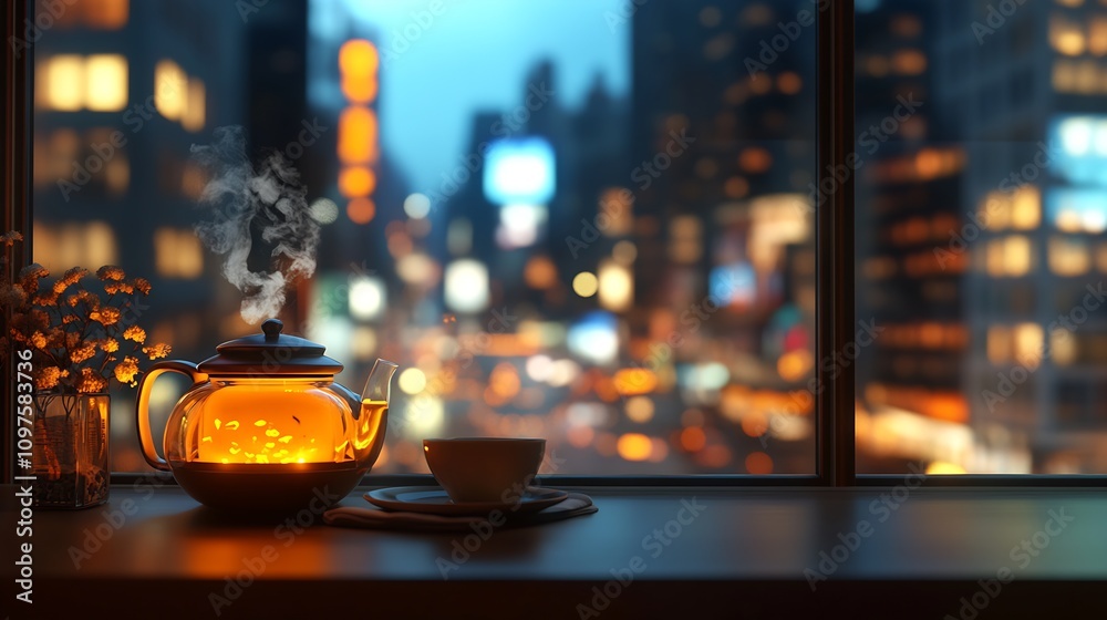 Poster cozy evening with steaming tea by window overlooking city lights : generative ai