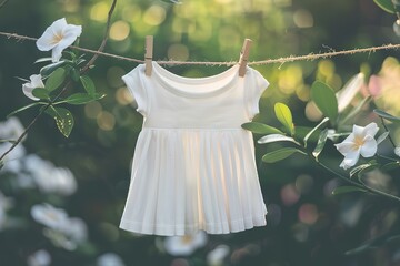 A baby's white dress is hanging on a clothesline