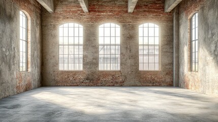 Sunlit Industrial Loft: A Spacious Brick Interior with Large Windows