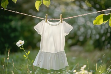 A white baby's dress is hanging on a clothesline in a field of flowers