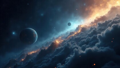 A Breathtaking Celestial Landscape: Planets, Nebulae, and Cosmic Clouds in a Stunning Digital Painting