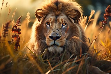 Naklejka premium Lifelike Lion Portrait Glimmers with Nature's Lens Flare