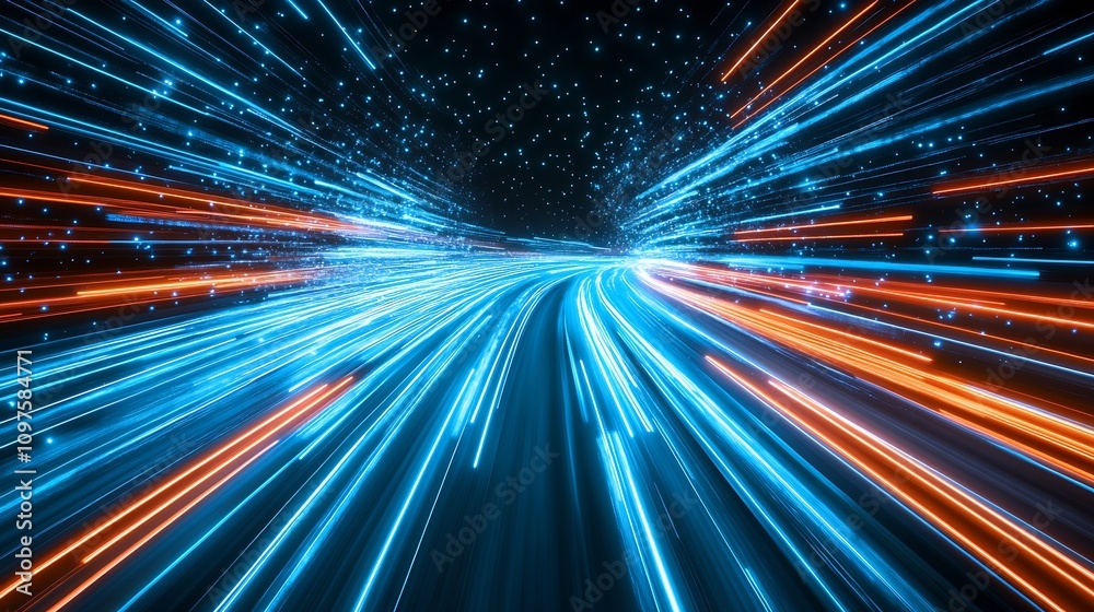 Aufkleber dynamic digital speed tunnel with neon light trails in blue and orange for technology backgrounds : 